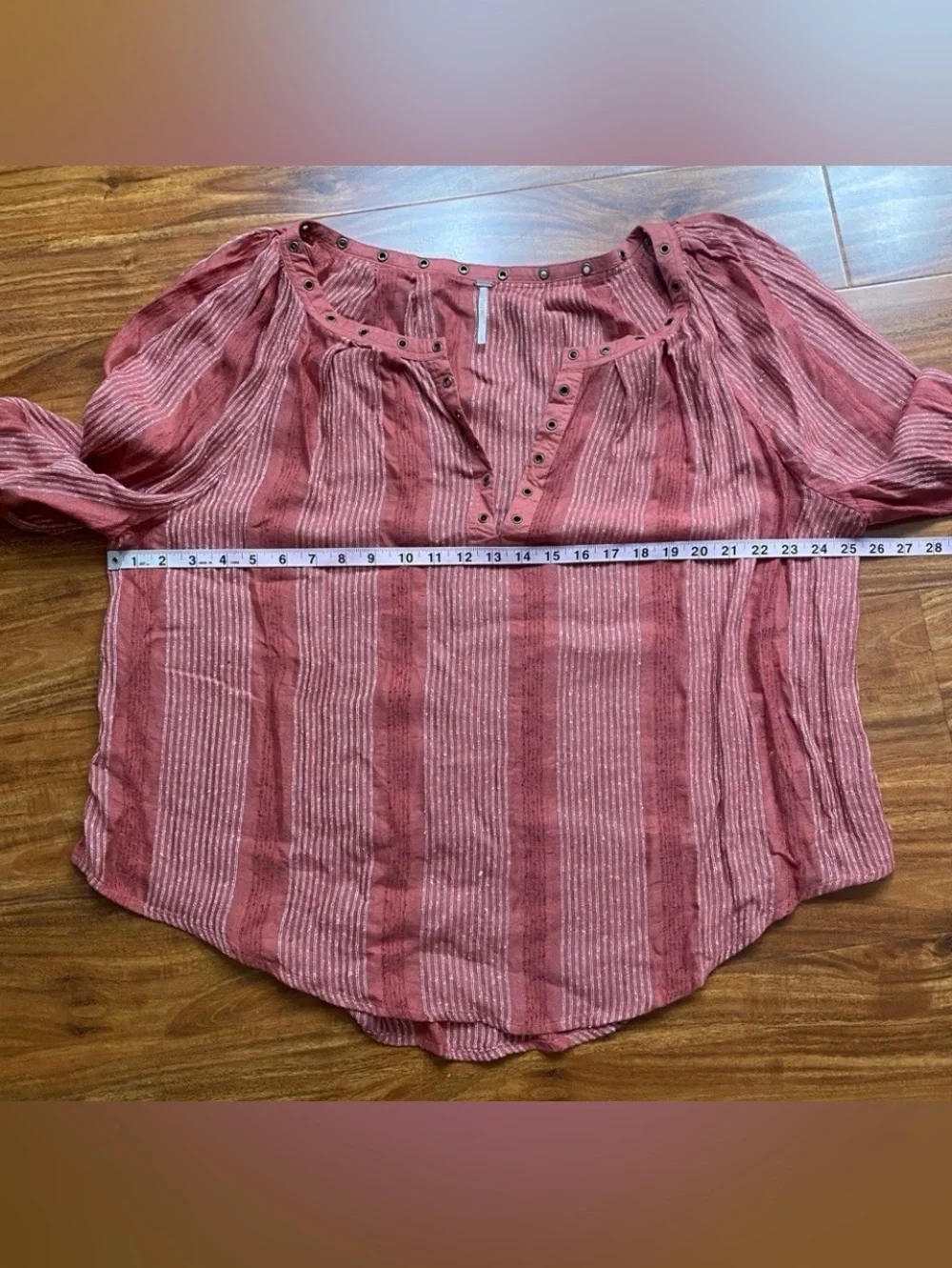 Free People Women Burnt Red Stripe Gauzy Peasant Oversize Blouse Size Large Boho